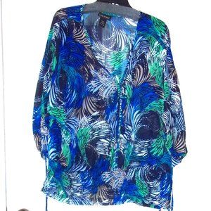 Lane Bryant Sheer Top Colorful Feather Print Pullover  Short Sleeve, Size 14/16